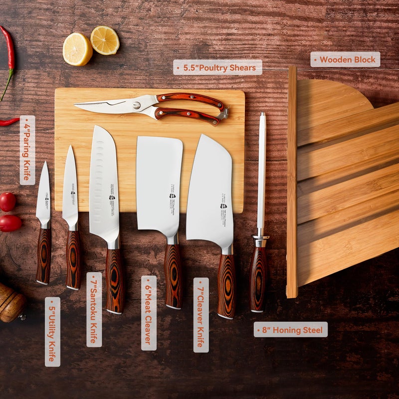 TUO Sharp Knife Set for Kitchen, 8 Piece Wooden Knife Block Set, Forged German Steel with Woodgrain Pakkawood Ergo Handle, Rust Resistant - Fiery Phoenix Series - Image 3